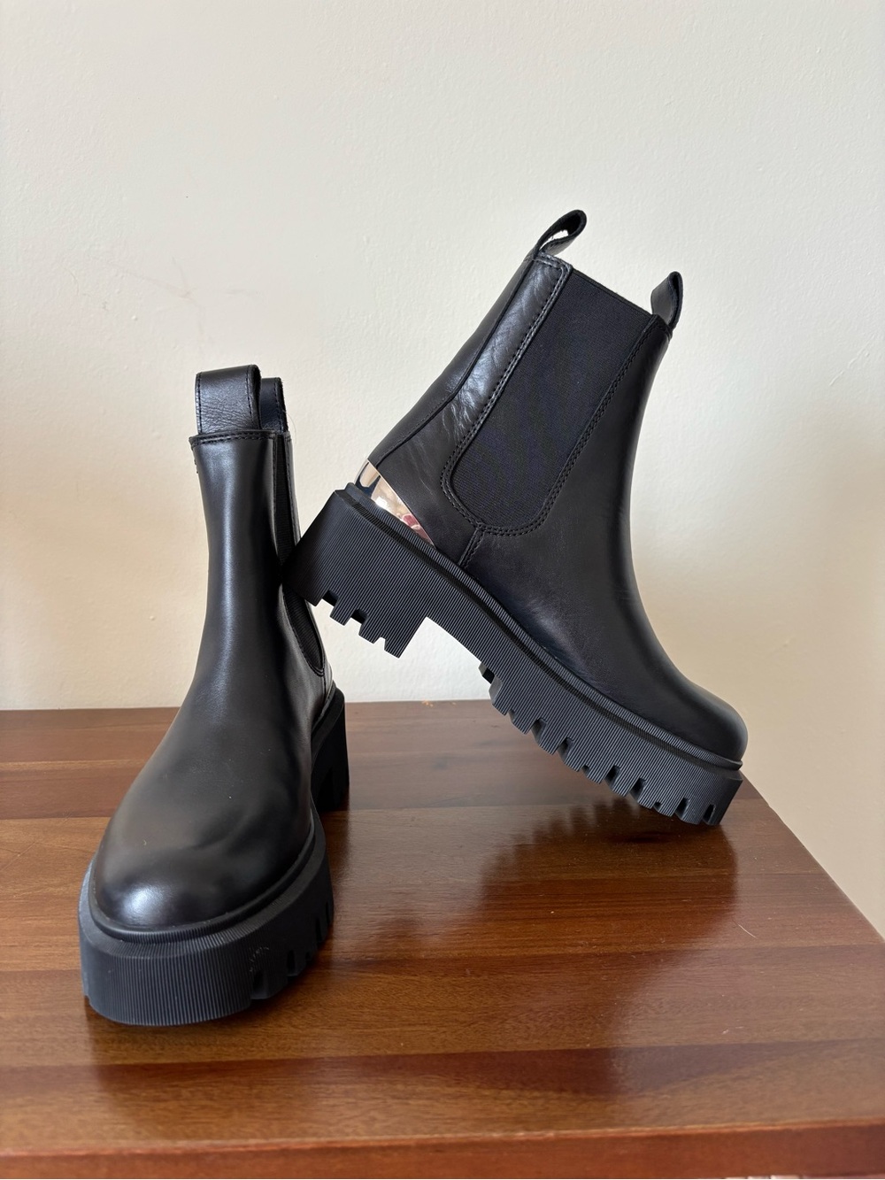 Maje Black Chunky Lug Chelsea Boots with Silver Accent